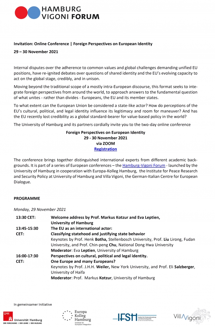 2021年11月29-30日Hamburg-Vigoni Forum: Foreign Perspectives on European Identity線上論壇，歡迎踴躍報名參加！